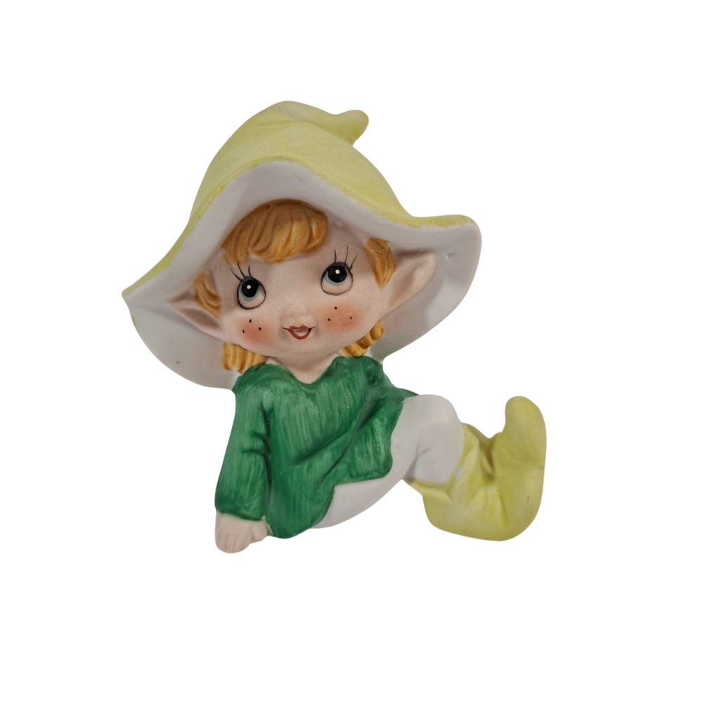 Vintage Fairy Pixie Elf Figurine Ceramic Green Yellow Homco Taiwain